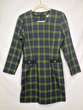 Vintage 90s Retro Green Blue Plaid Mini Dress Size 5 or XS/S American Made Rayon